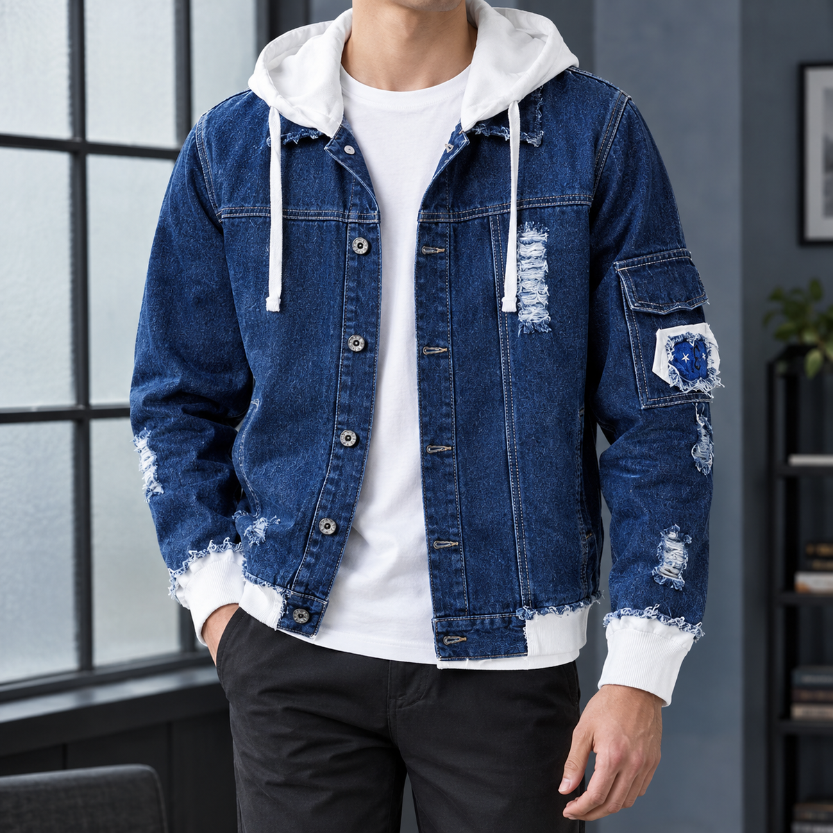 Damien Hooded Denim Jacket - Dark Blue