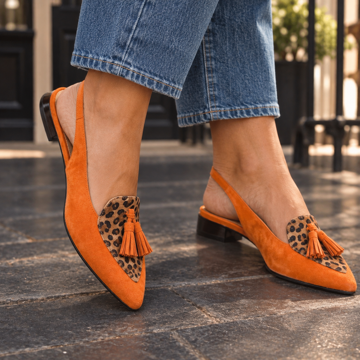 Padova Tassel Slingbacks - Orange And Leopard