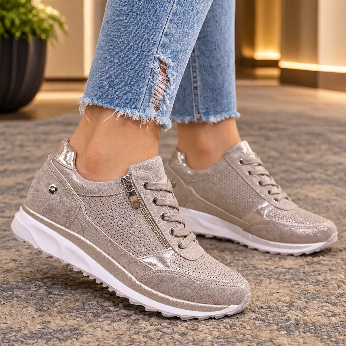 Arcuri Metallic Wedge Sneakers - Champagne