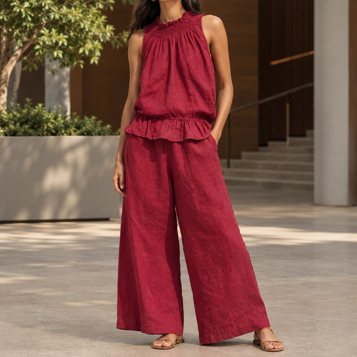 Diana-Kate Smocked Set - Wine Red