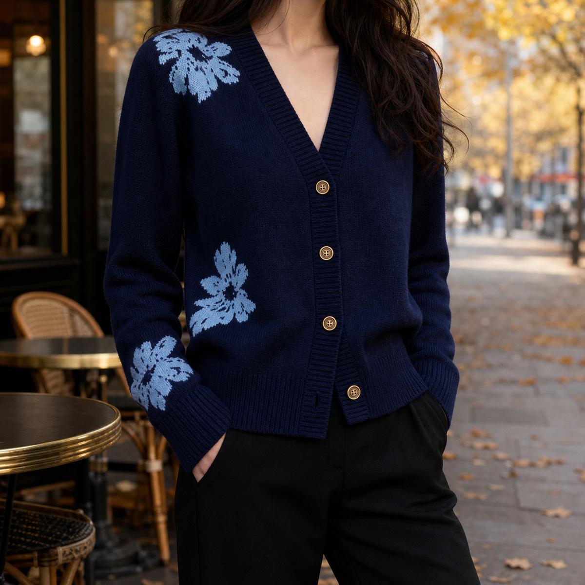Becca-Pearl Floral Knit Cardigan - Navy Blue