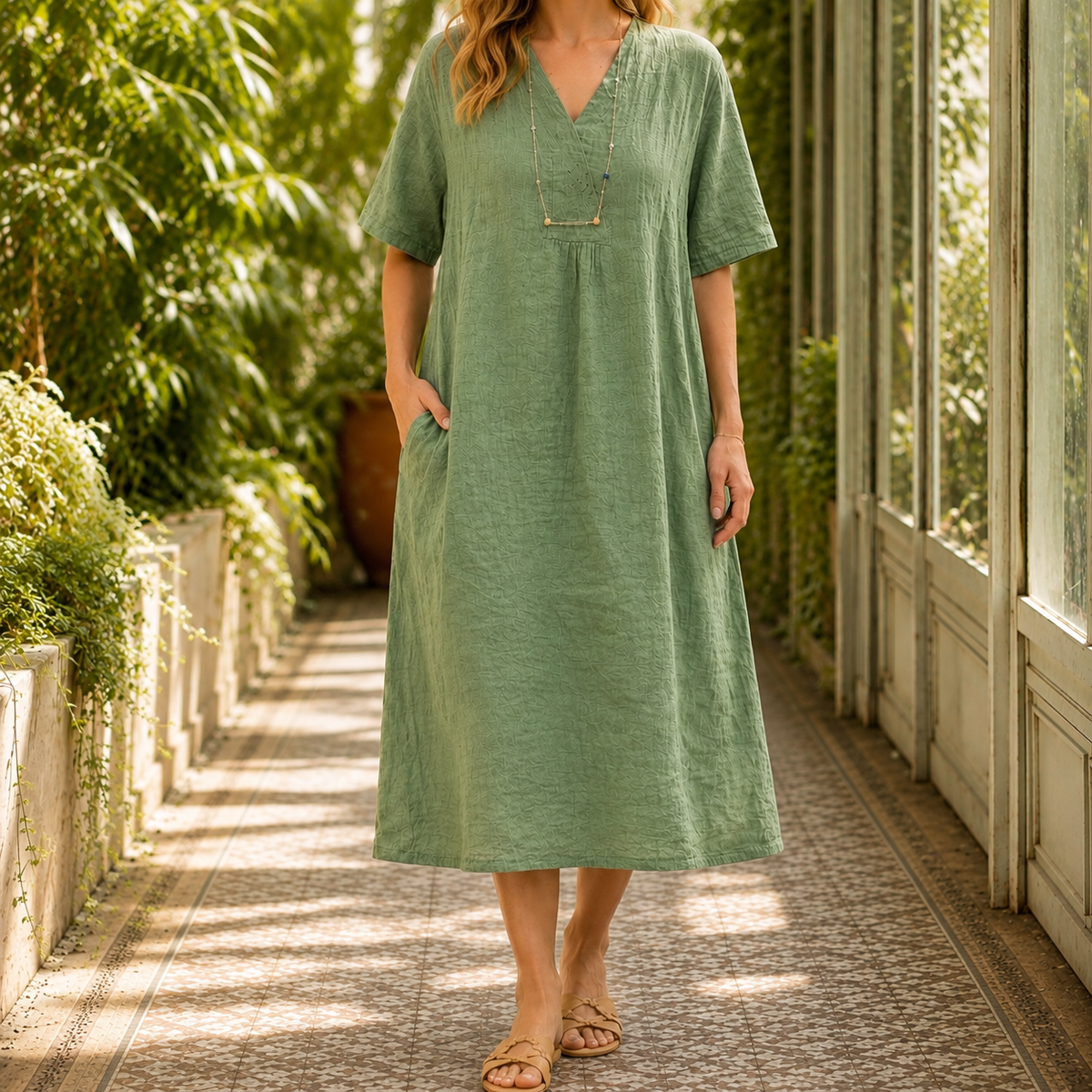 Honora Crinkle Midi Dress - Dark Green
