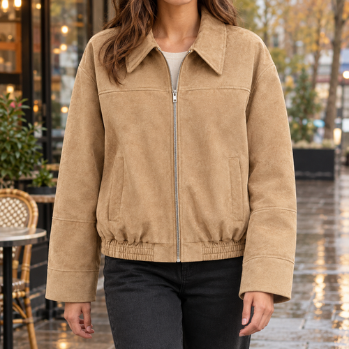 Ambrosine Suede Bomber Jacket - Khaki