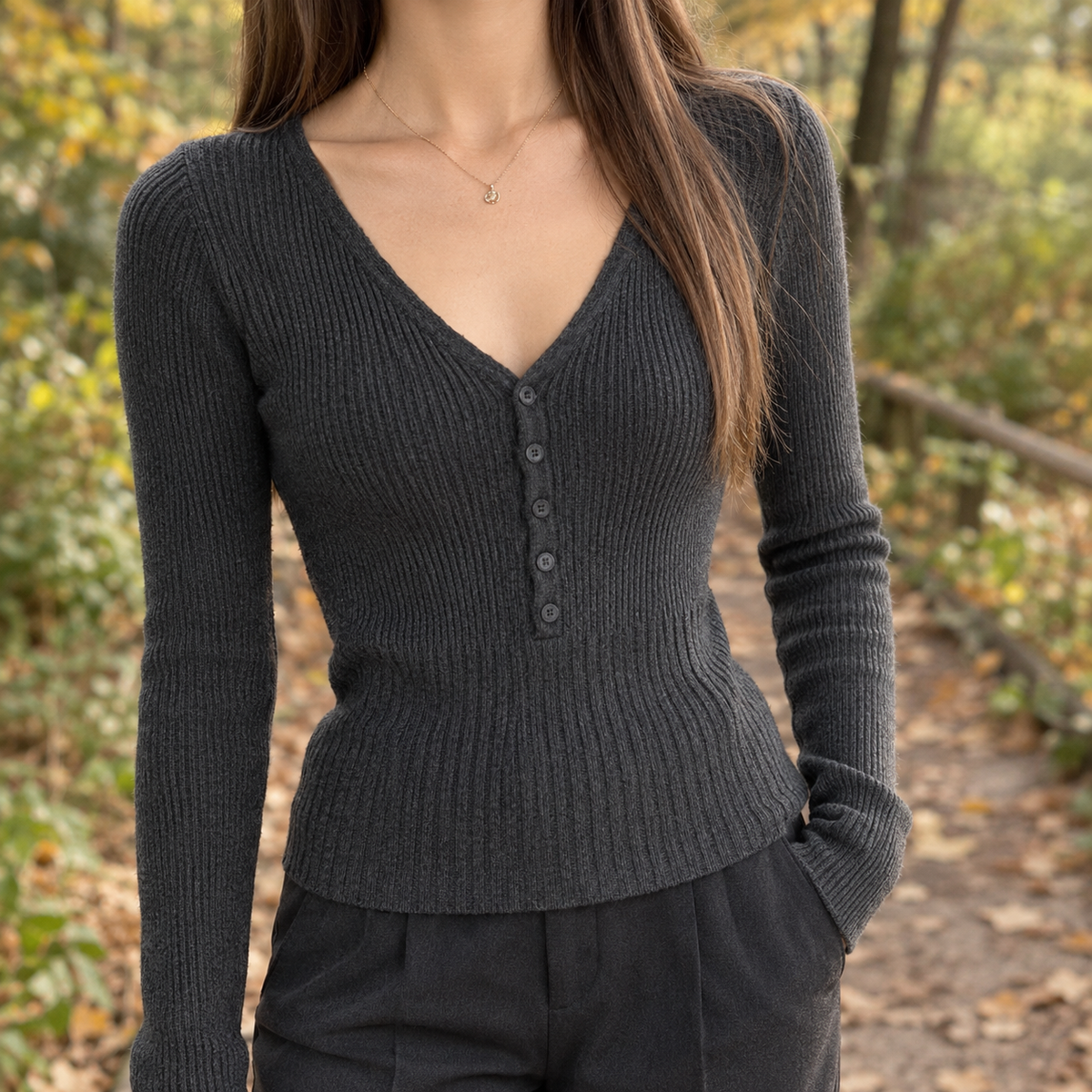 Giselle-Jane Ribbed Top - Dark Gray