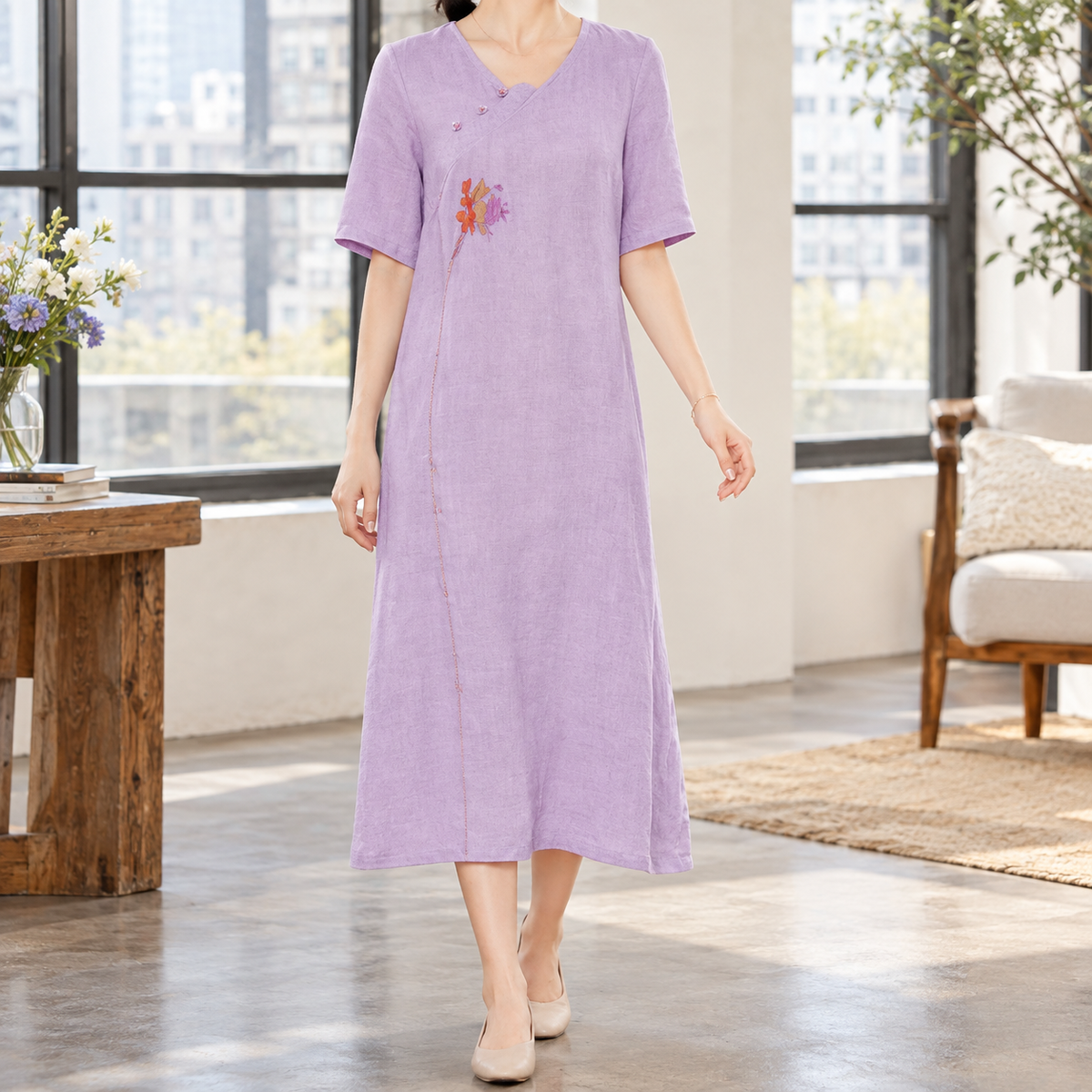 Mercedes Embroidered Midi Dress - Hibiscus Purple