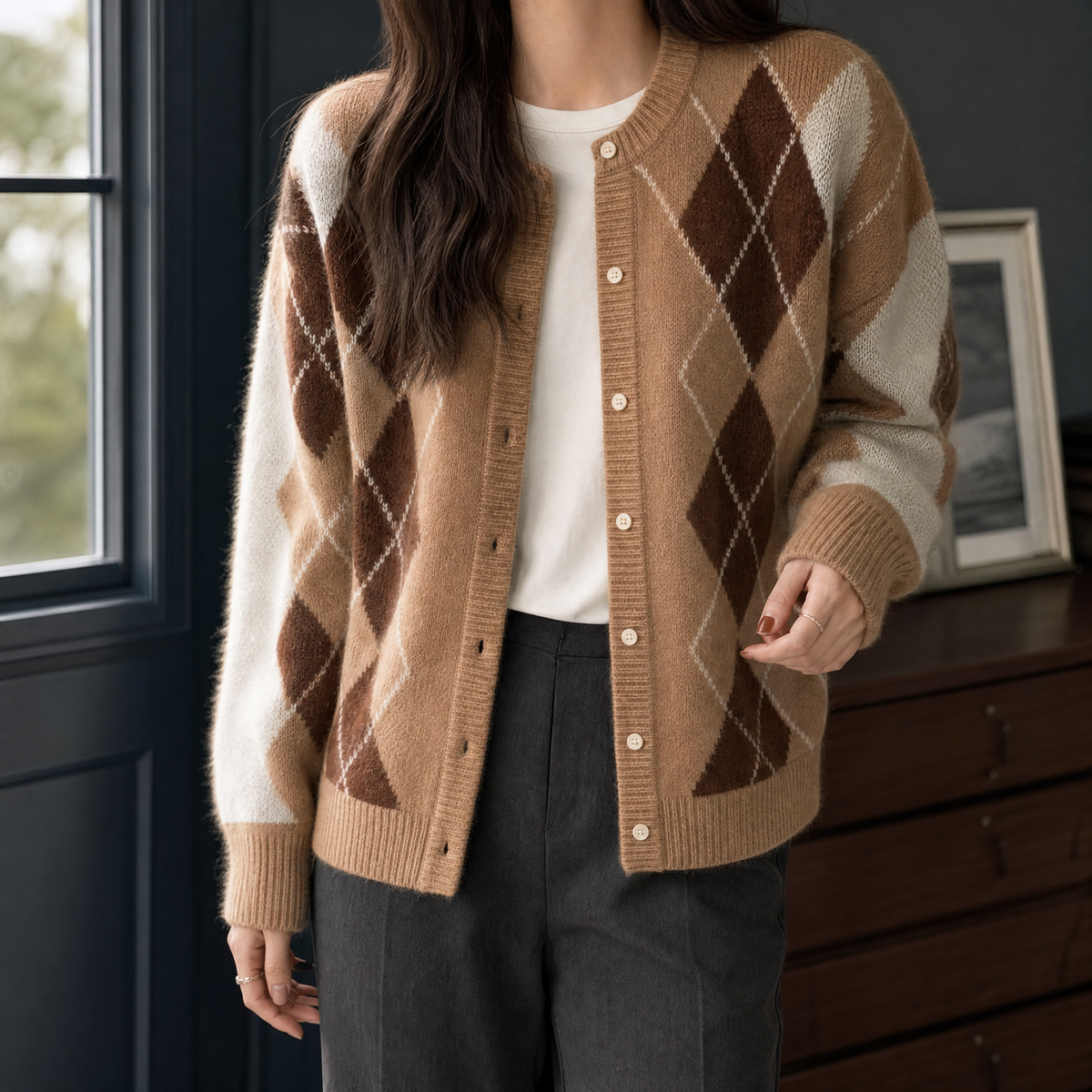 Audrina Argyle Cardigan - Khaki