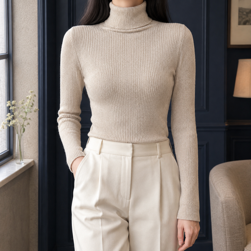 Bella Ribbed Turtleneck Top - Apricot