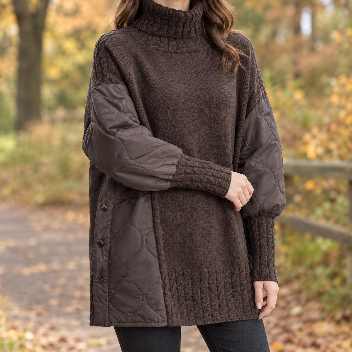 Isla-Eve Patchwork Turtleneck Sweater - Coffee