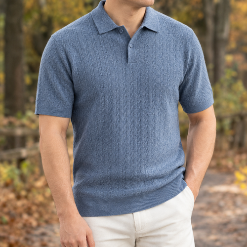 Augustin Cable Knit Polo - Denim Blue