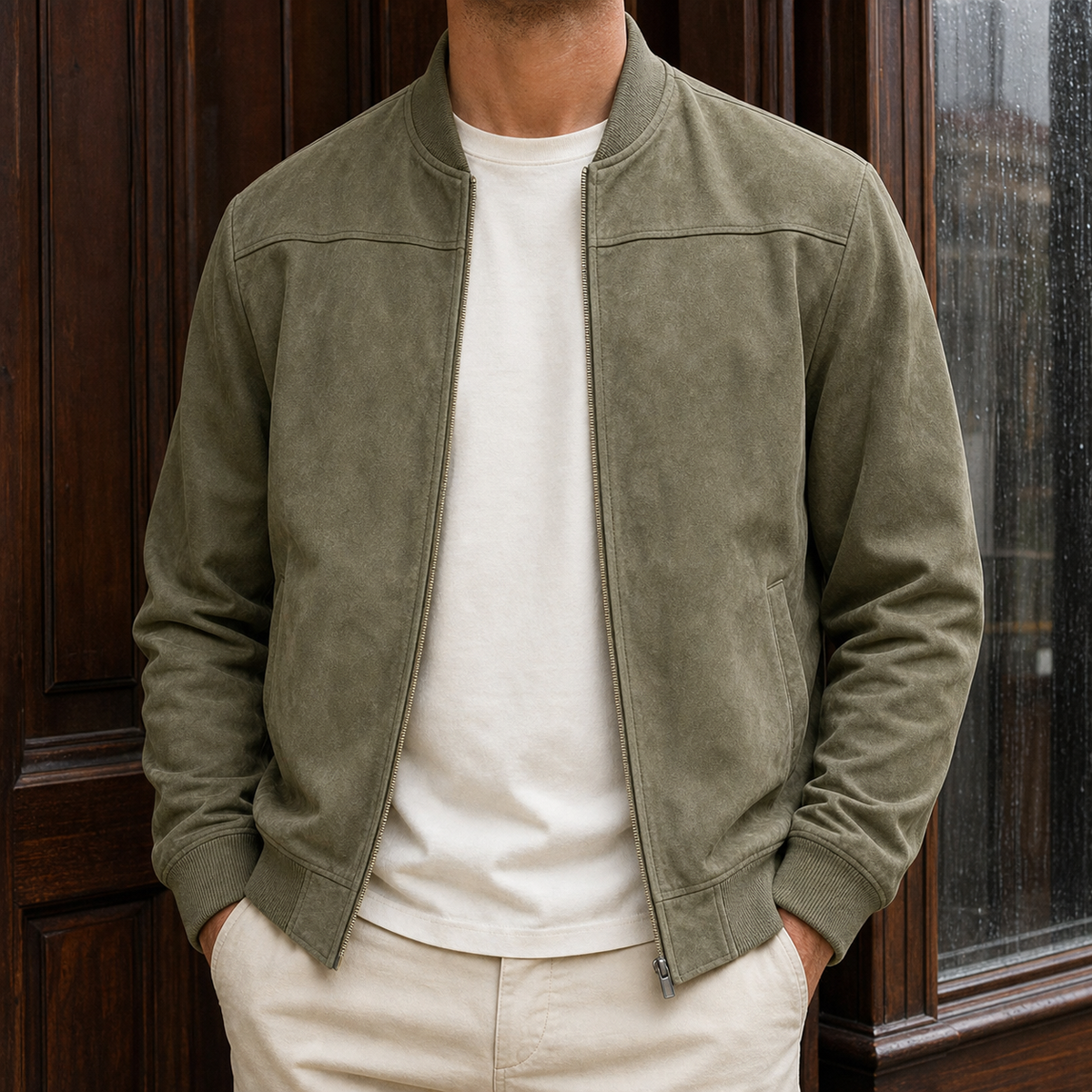 Byron Suede Bomber Jacket - Military Green