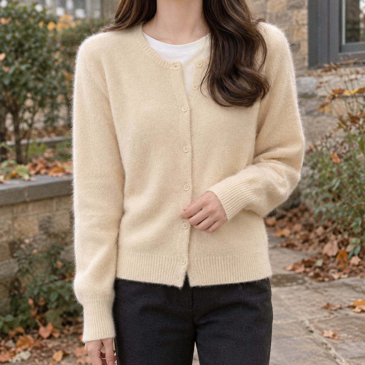 Bridget Crew Neck Cardigan - Apricot