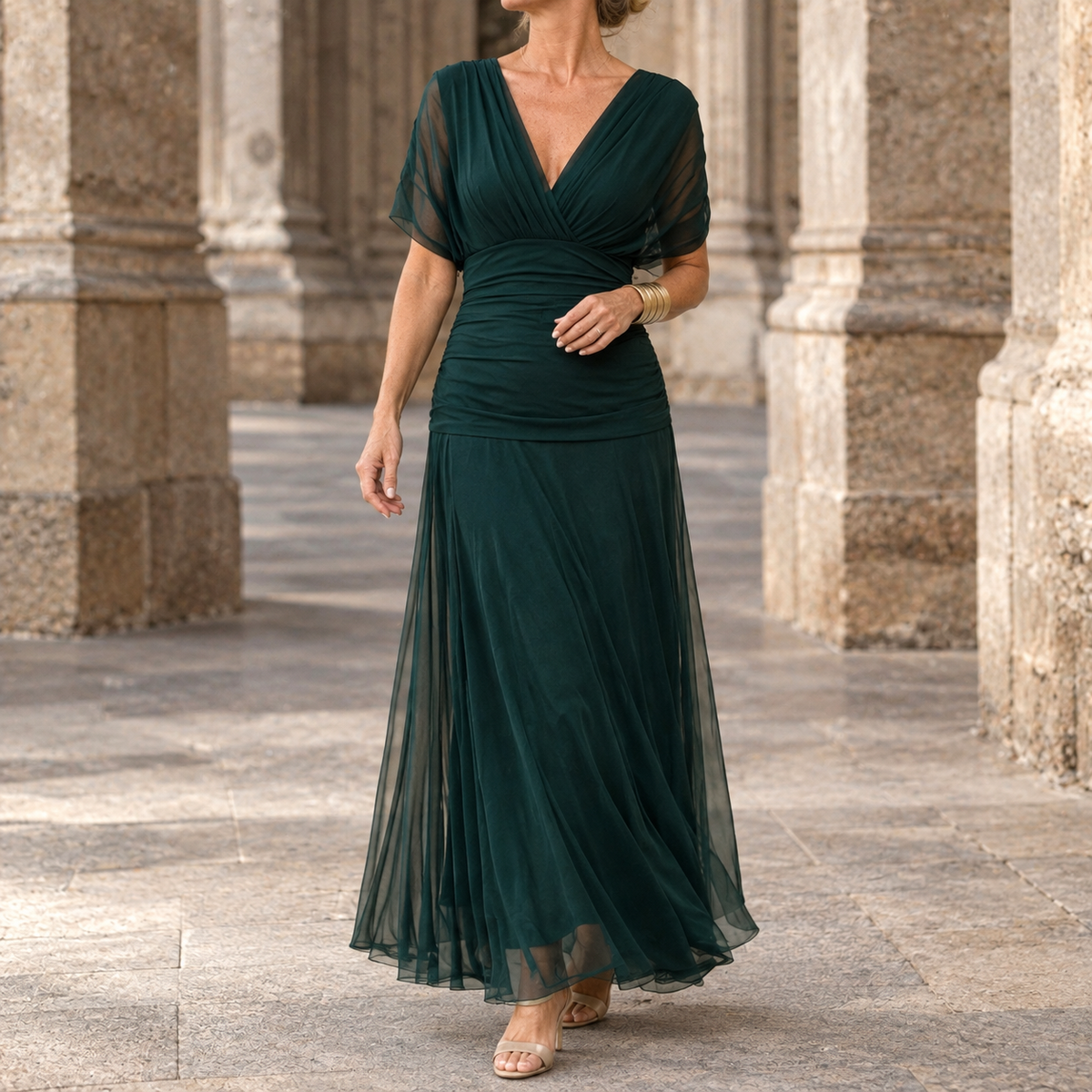 Serena-Pearl Draped Maxi Dress - Dark Green
