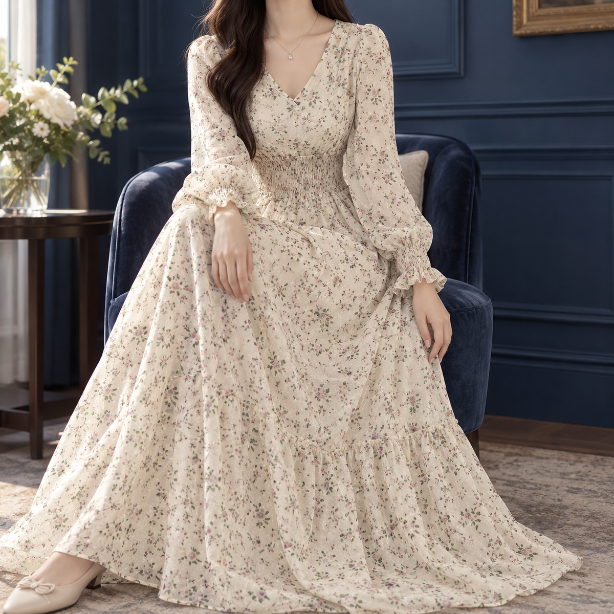 Maylis Smocked Maxi Dress - Beige