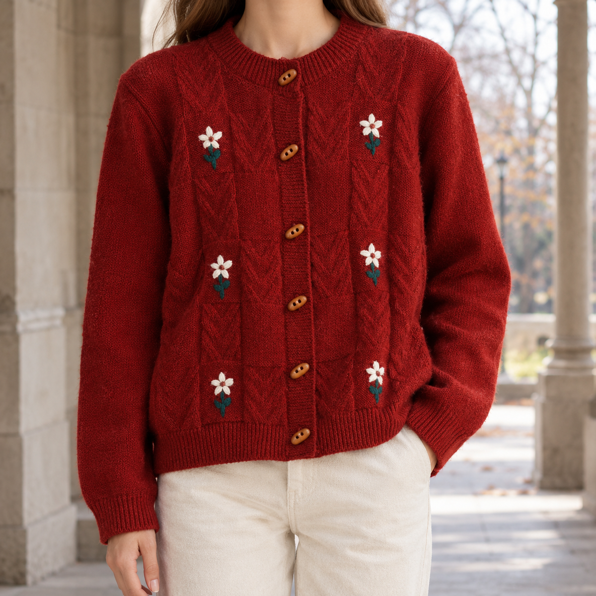 Morgan-Skye Embroidered Knit Cardigan - Red