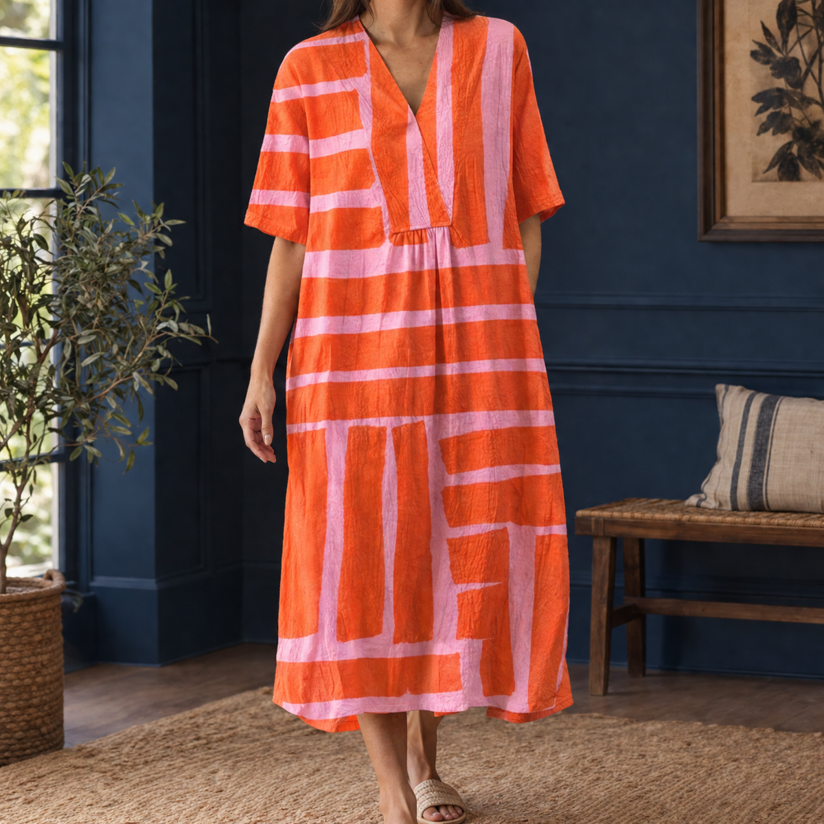 Leonie Abstract Midi Dress - Orange Pink
