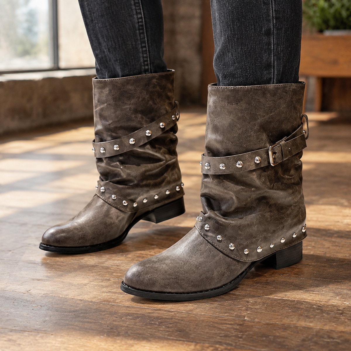 Leonelli Studded Biker Boots - Brown