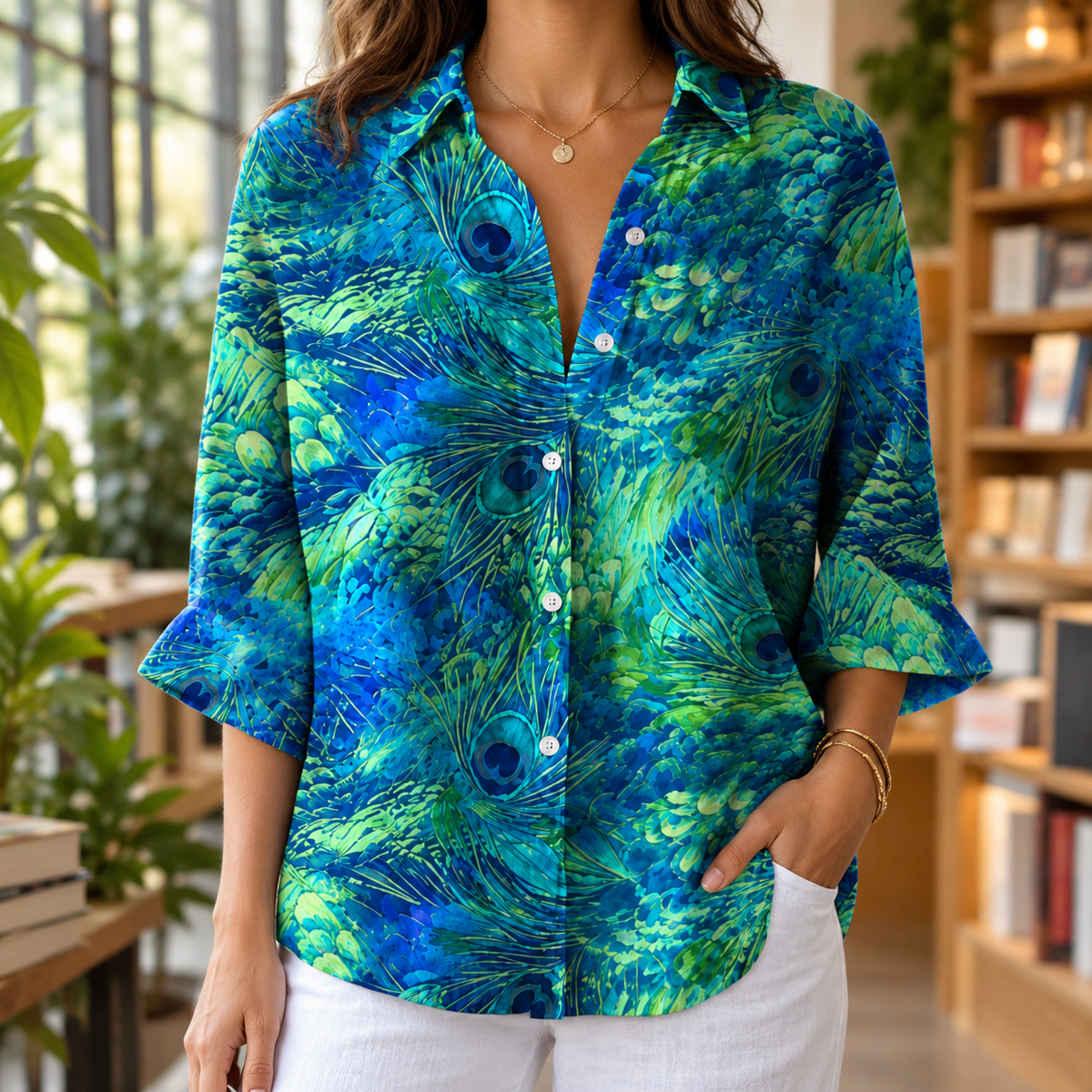 Bernadette Printed Blouse - Blue Green Peacock Print