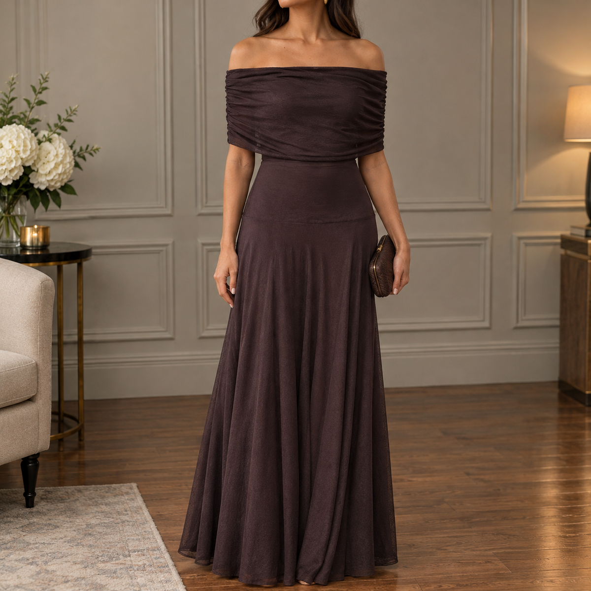 Ysabel Off Shoulder Dress - Dark Brown