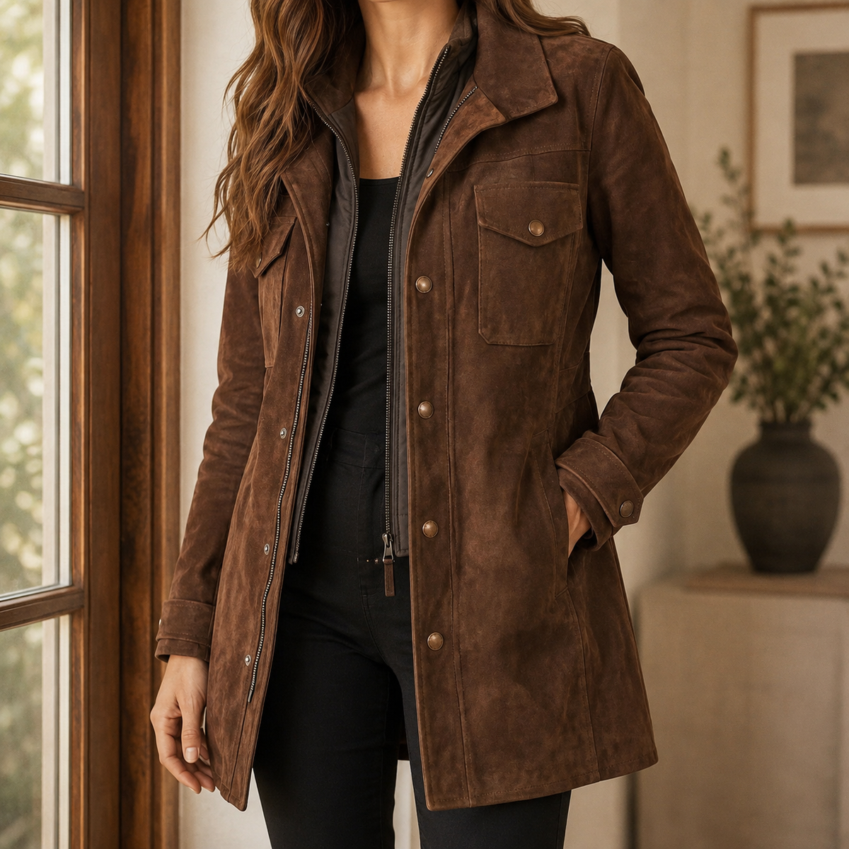 Renata Suede Utility Jacket - Brown