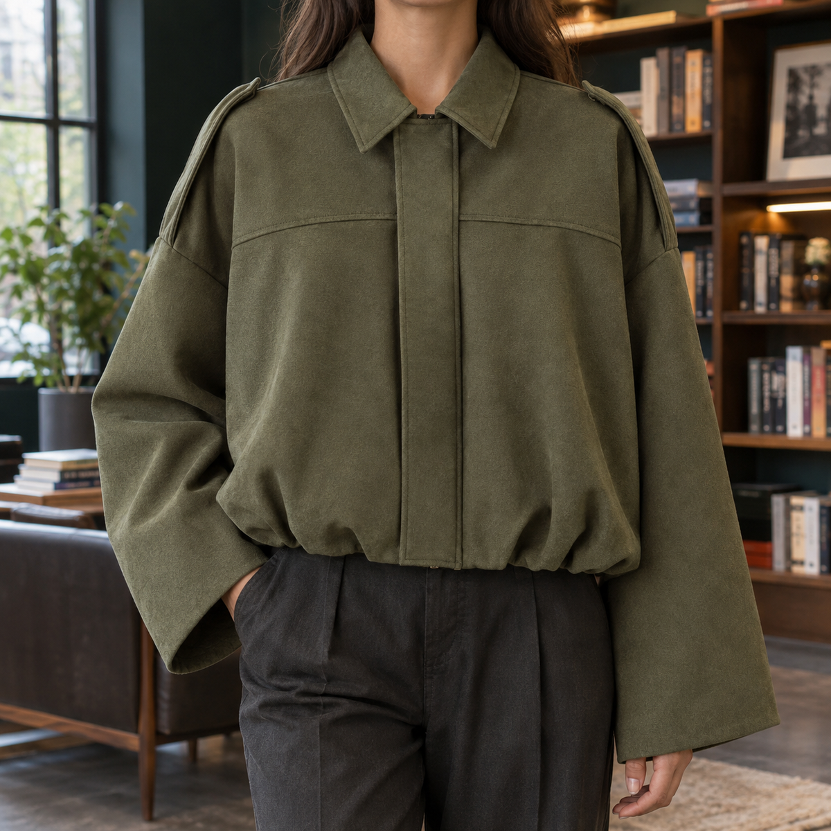 Henriette Suede Bomber Jacket - Army Green