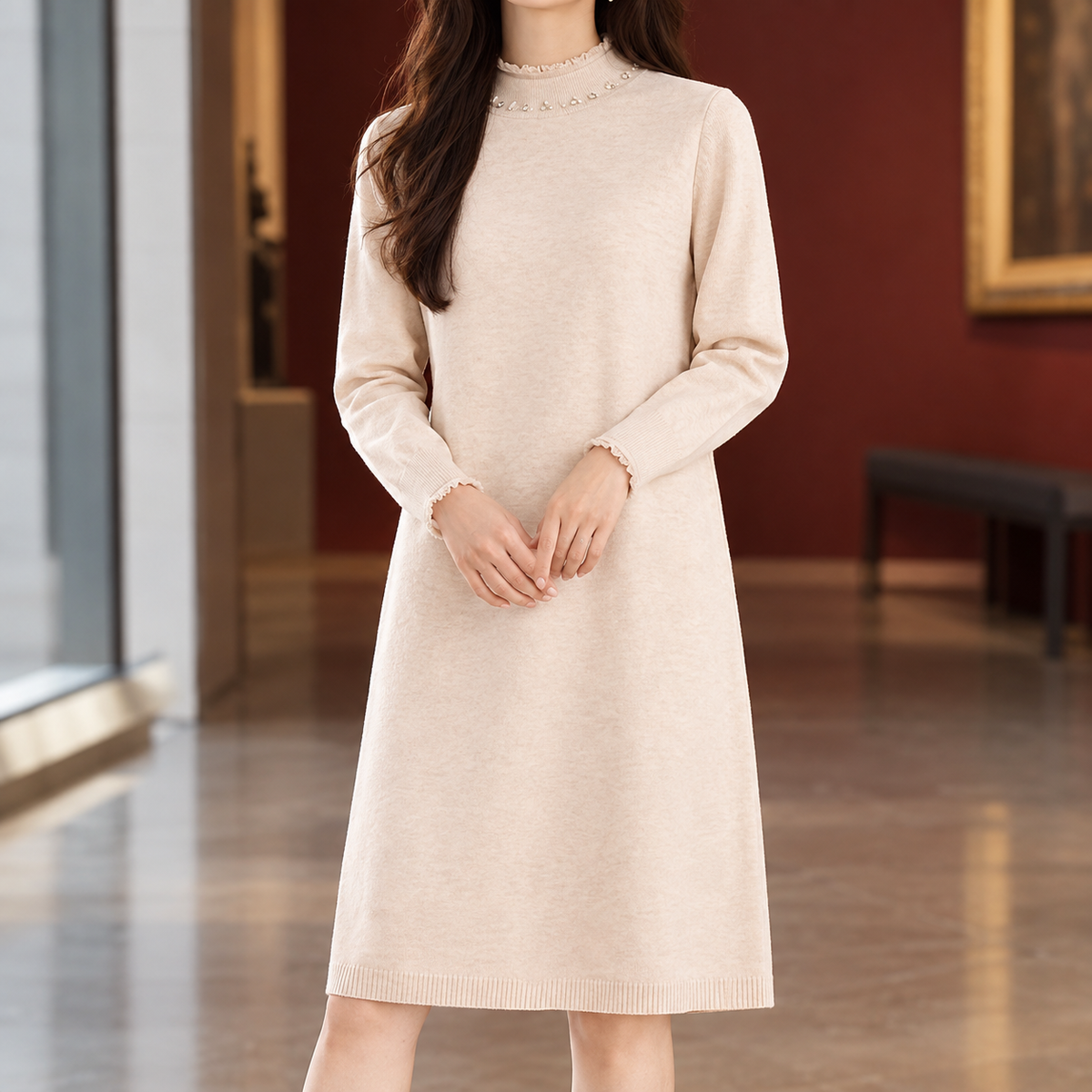 Rebecca Beaded Midi Dress - Apricot