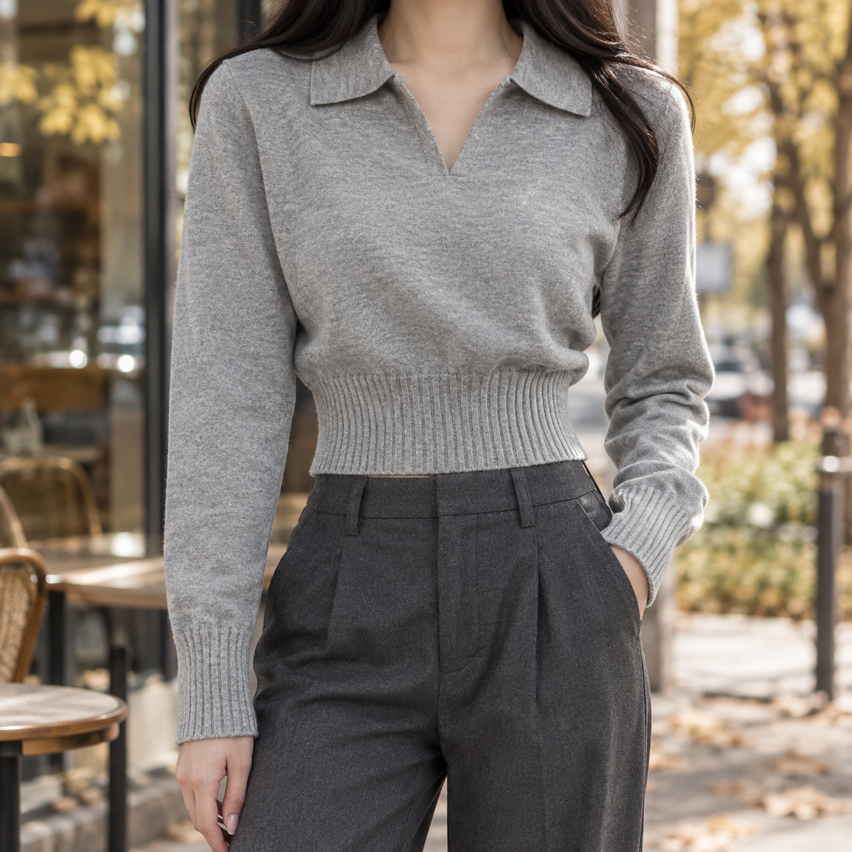 Tiphaine-Eve Polo Knit Top - Gray