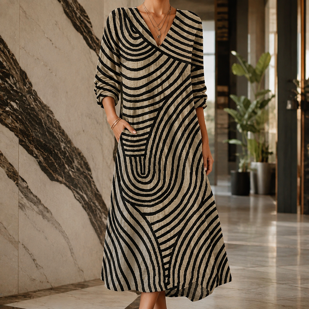 Sabine Abstract Midi Dress - Black And Cream