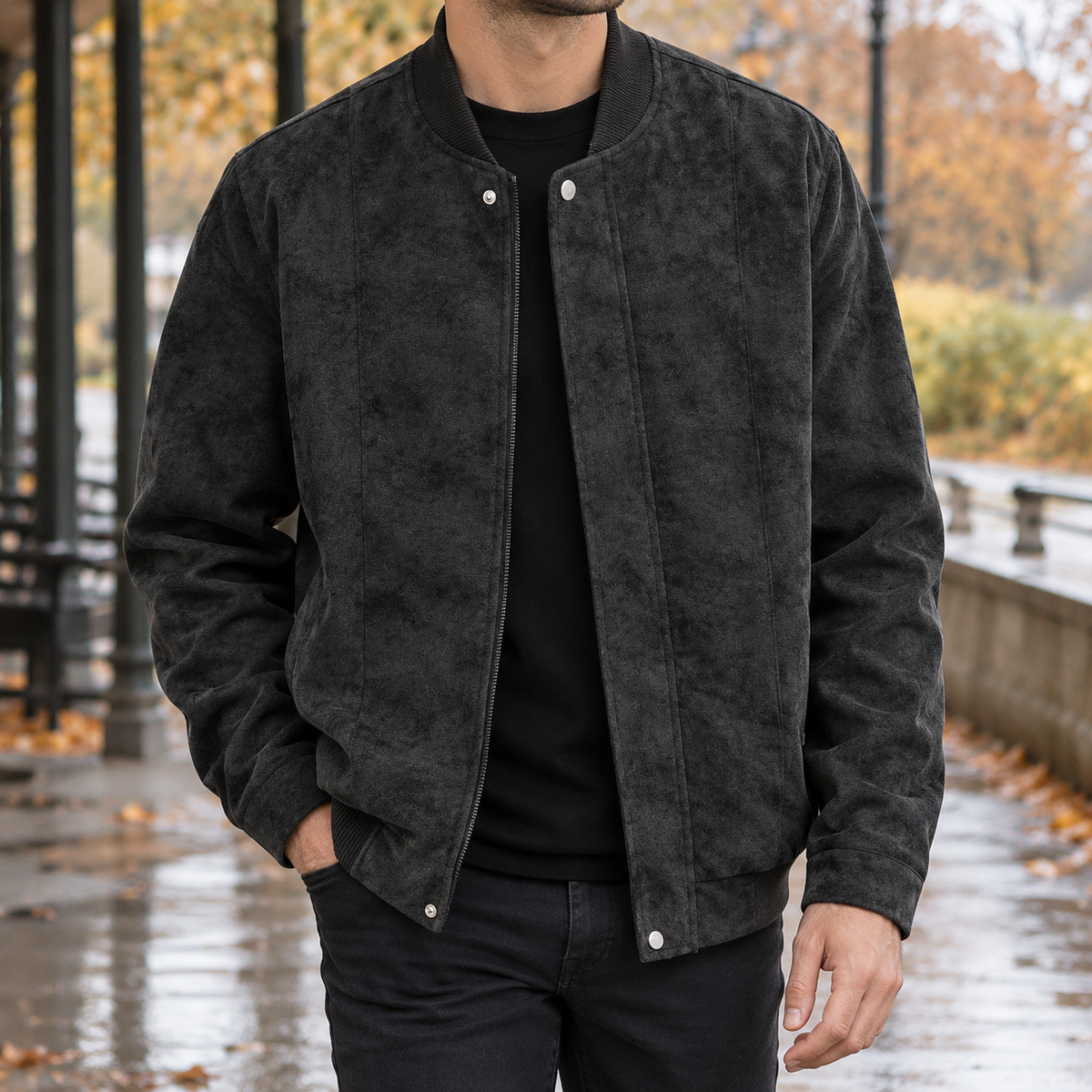 Boniface Suede Bomber Jacket - Black