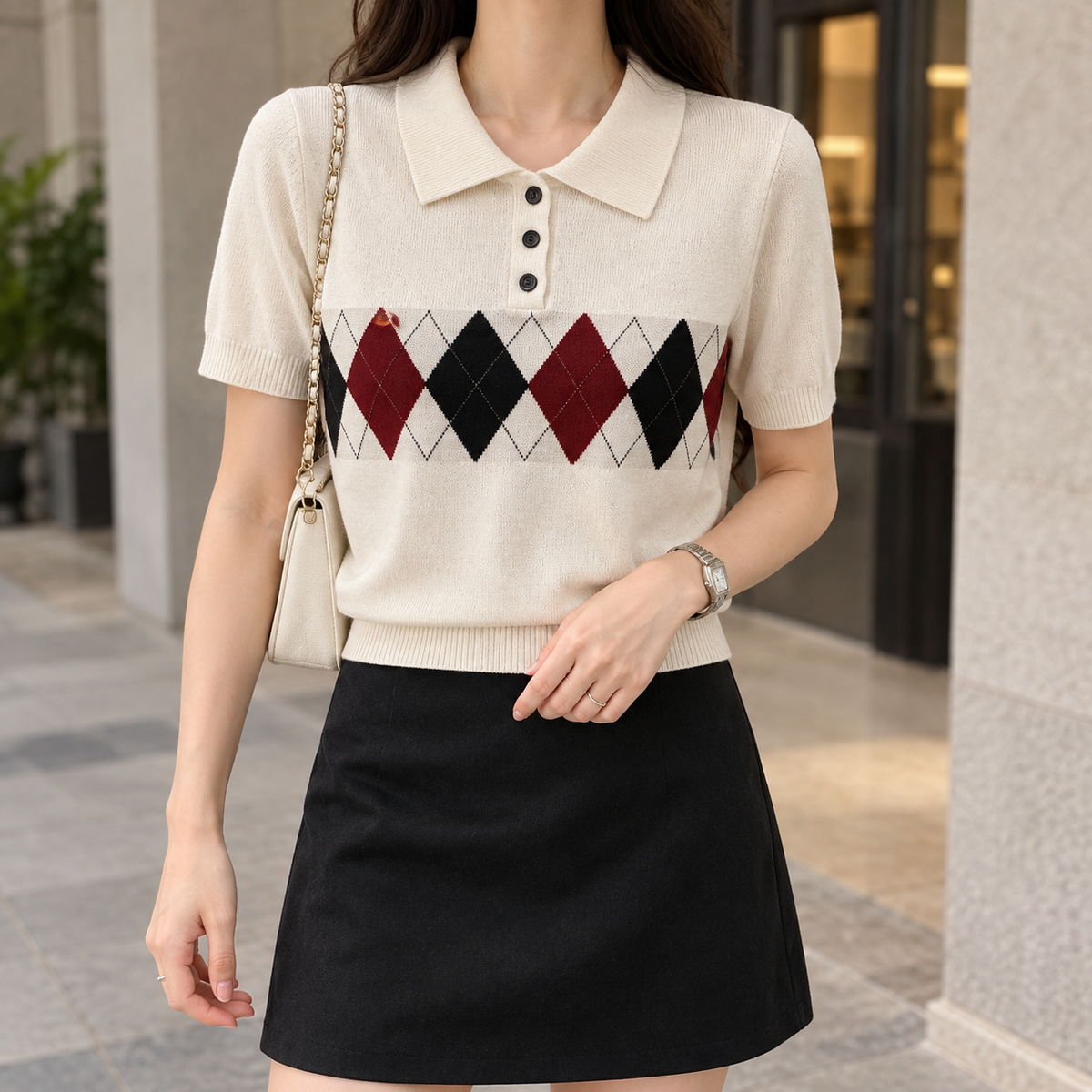 Madeline Argyle Polo Top - Apricot