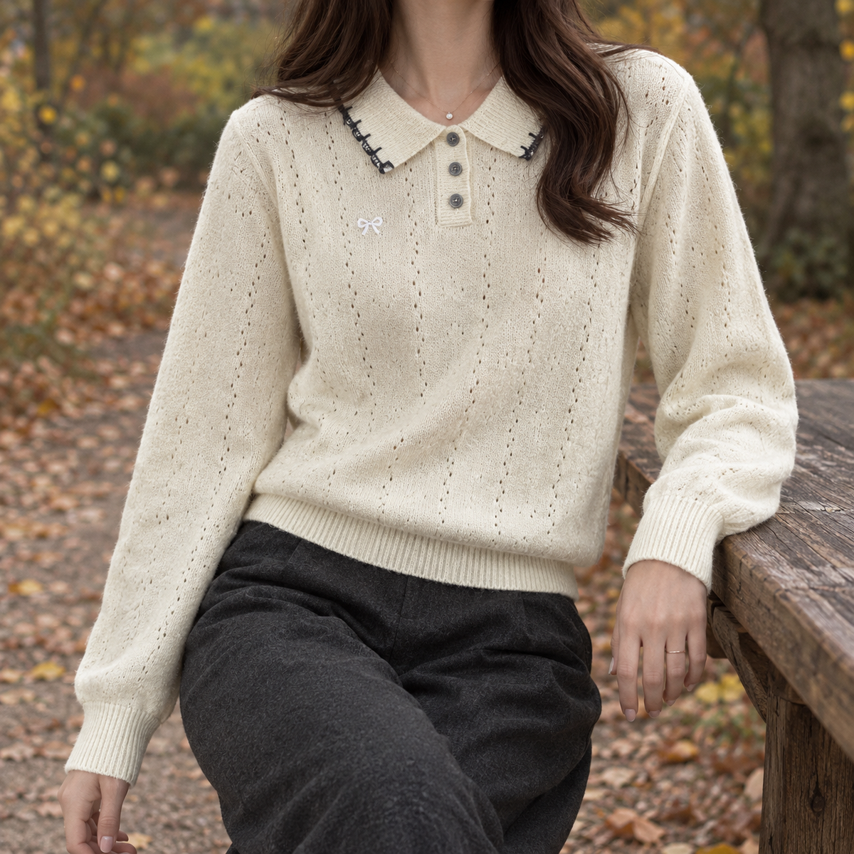 Ariane-Marie Pointelle Polo Sweater - White