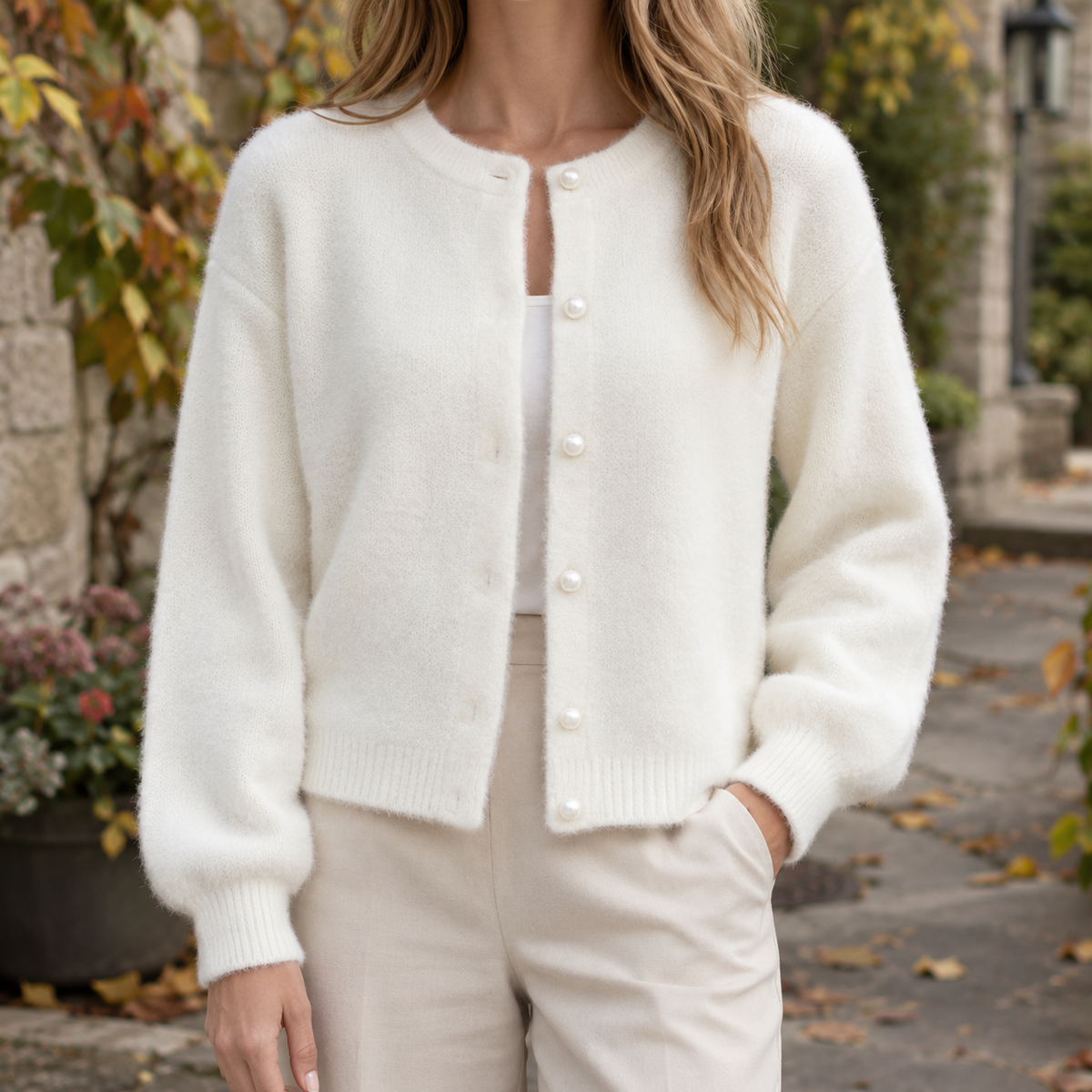 Brooke-Elise Pearl Button Cardigan - Milky White