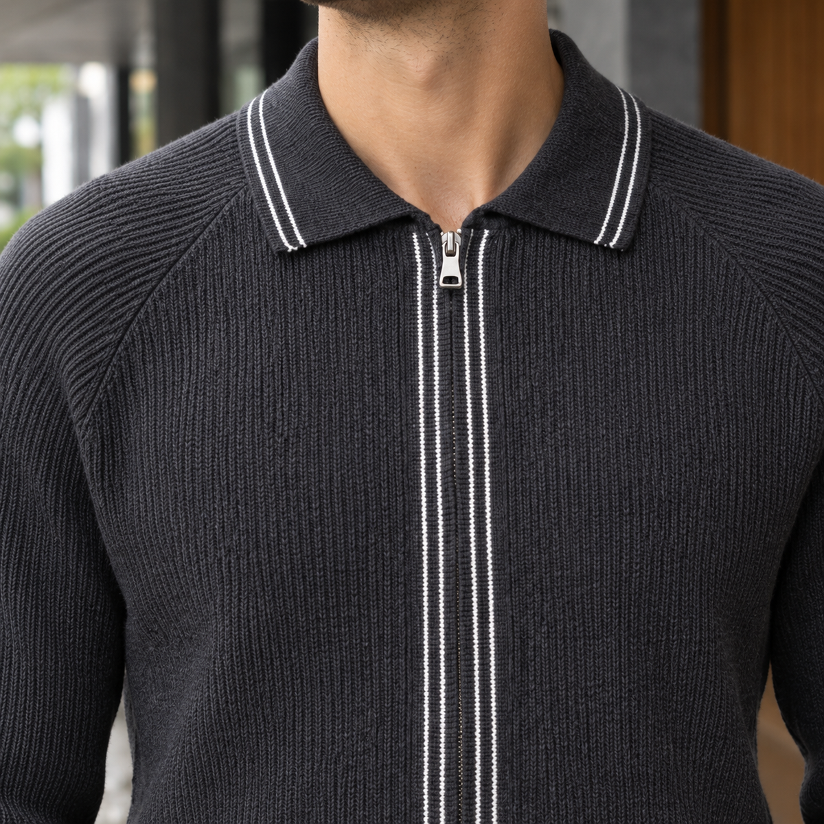 Alastair Ribbed Zip Sweater - Lead Product Detail