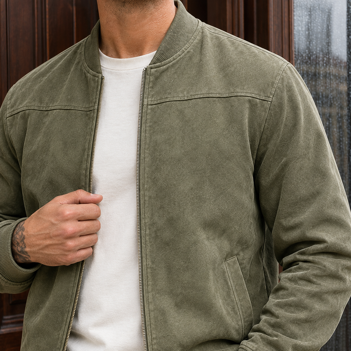 Byron Suede Bomber Jacket - Lead Product Detail