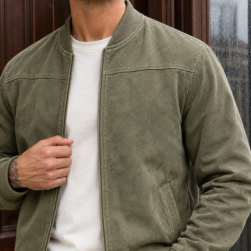 Byron Suede Bomber Jacket - Lead Product Detail