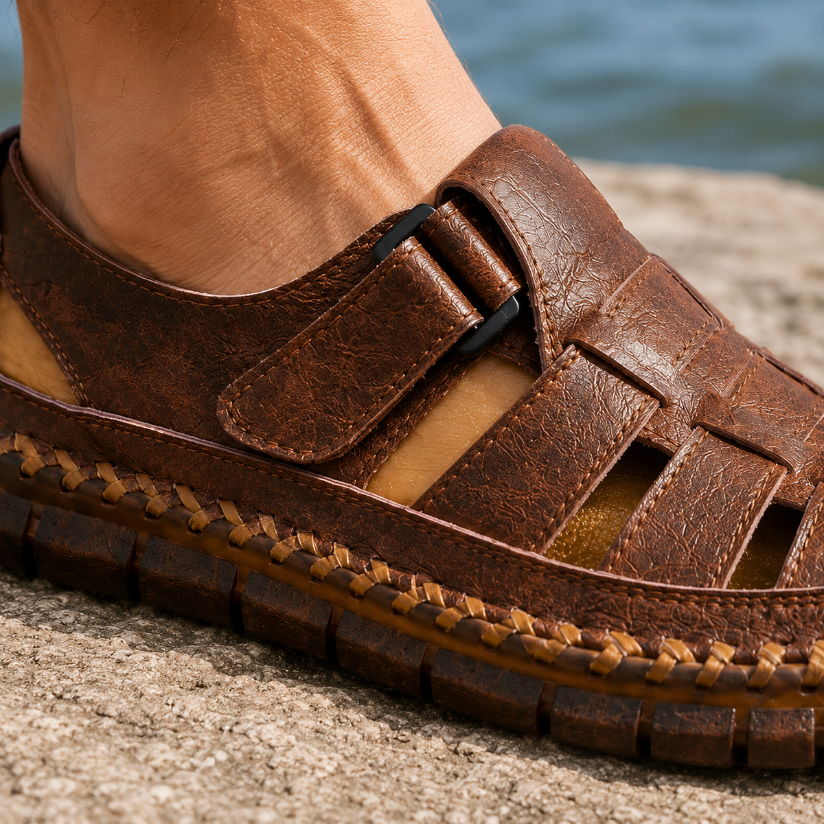 Emilio Leather Fisherman Sandals - Lead Product Detail