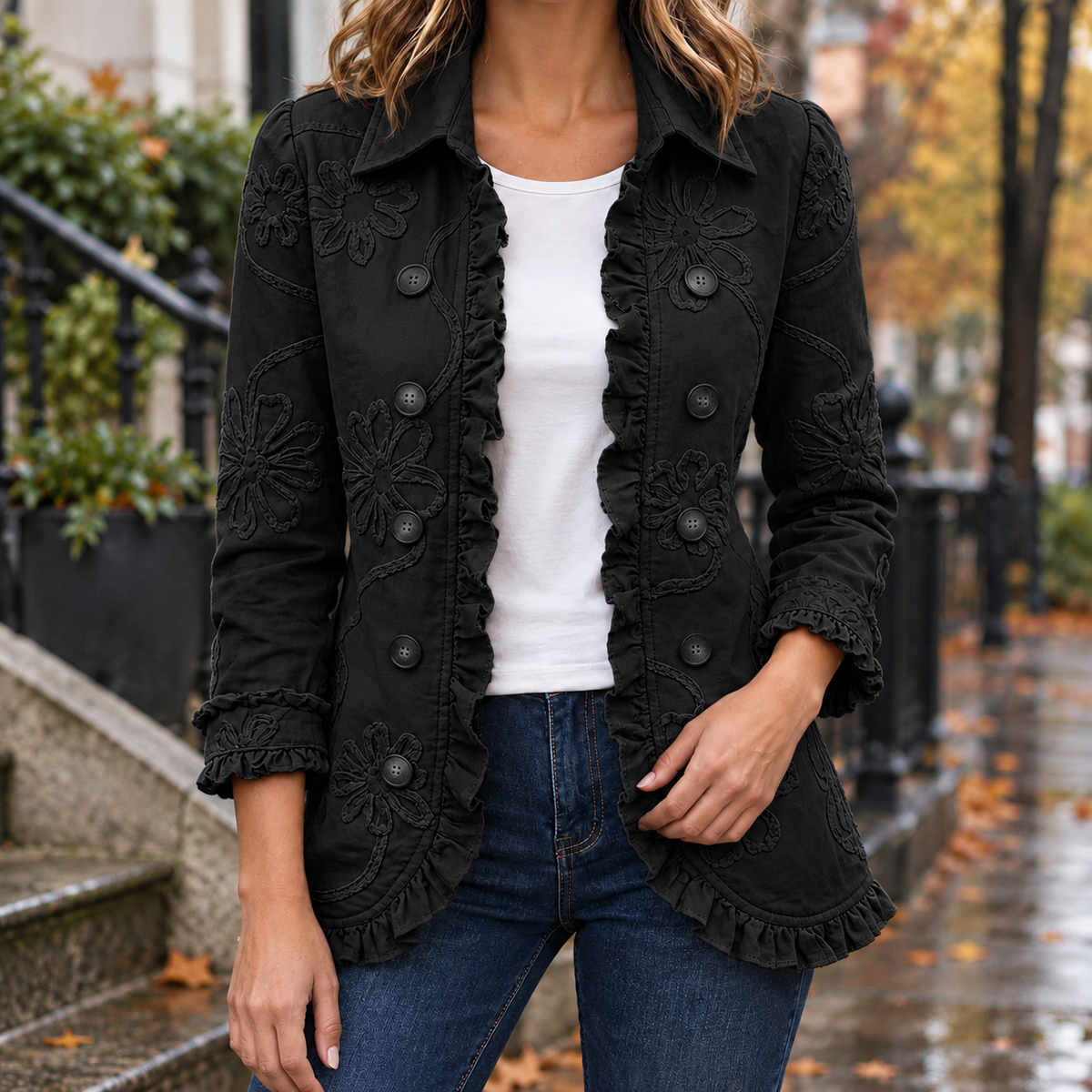 Sylvie-Faye Ruffle Trim Jacket - Black