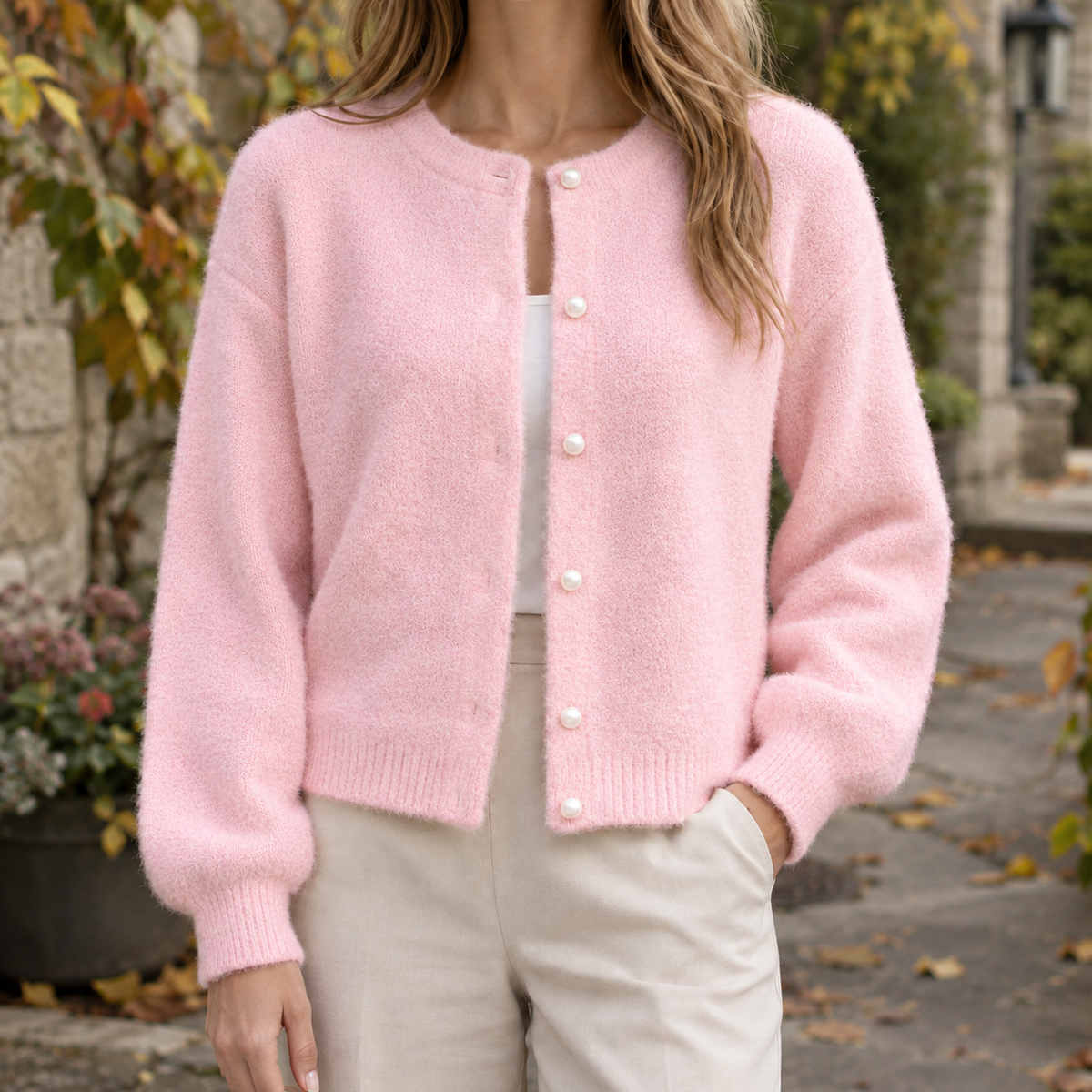 Brooke-Elise Pearl Button Cardigan - Pink
