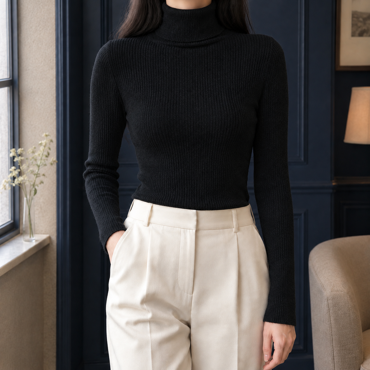 Bella Ribbed Turtleneck Top - Black