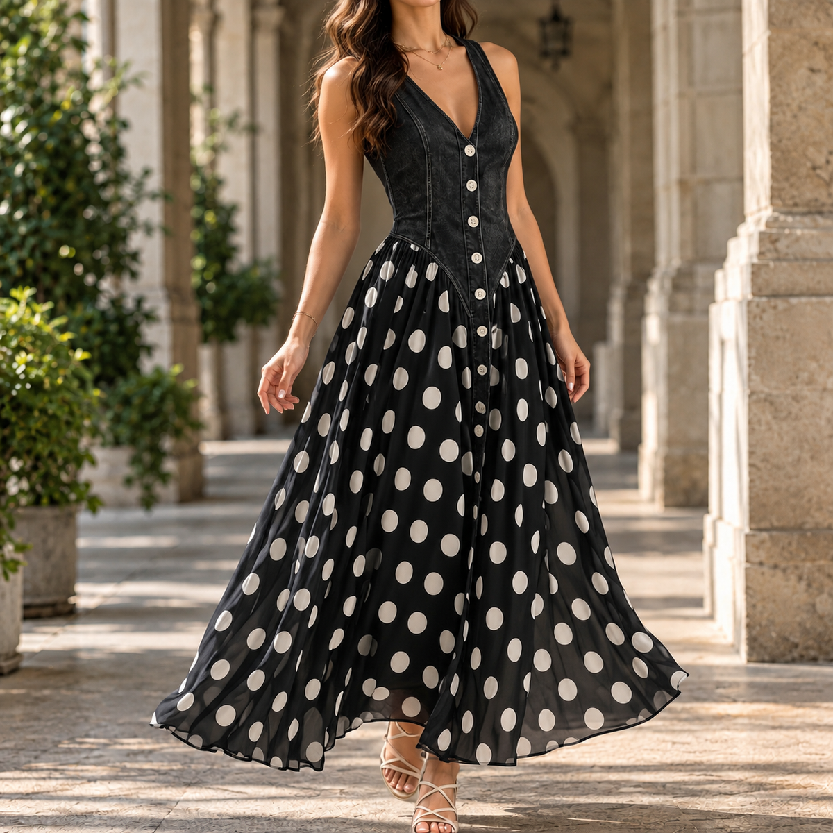 Wilhelmina Polka Dot Maxi Dress - Black