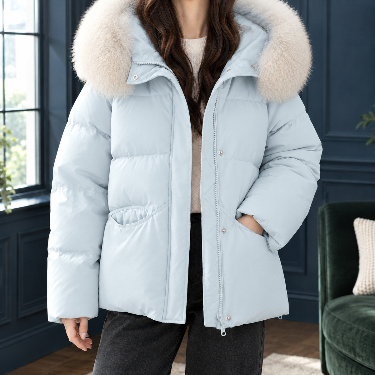 Millie Fur-Trim Puffer Jacket - Blue