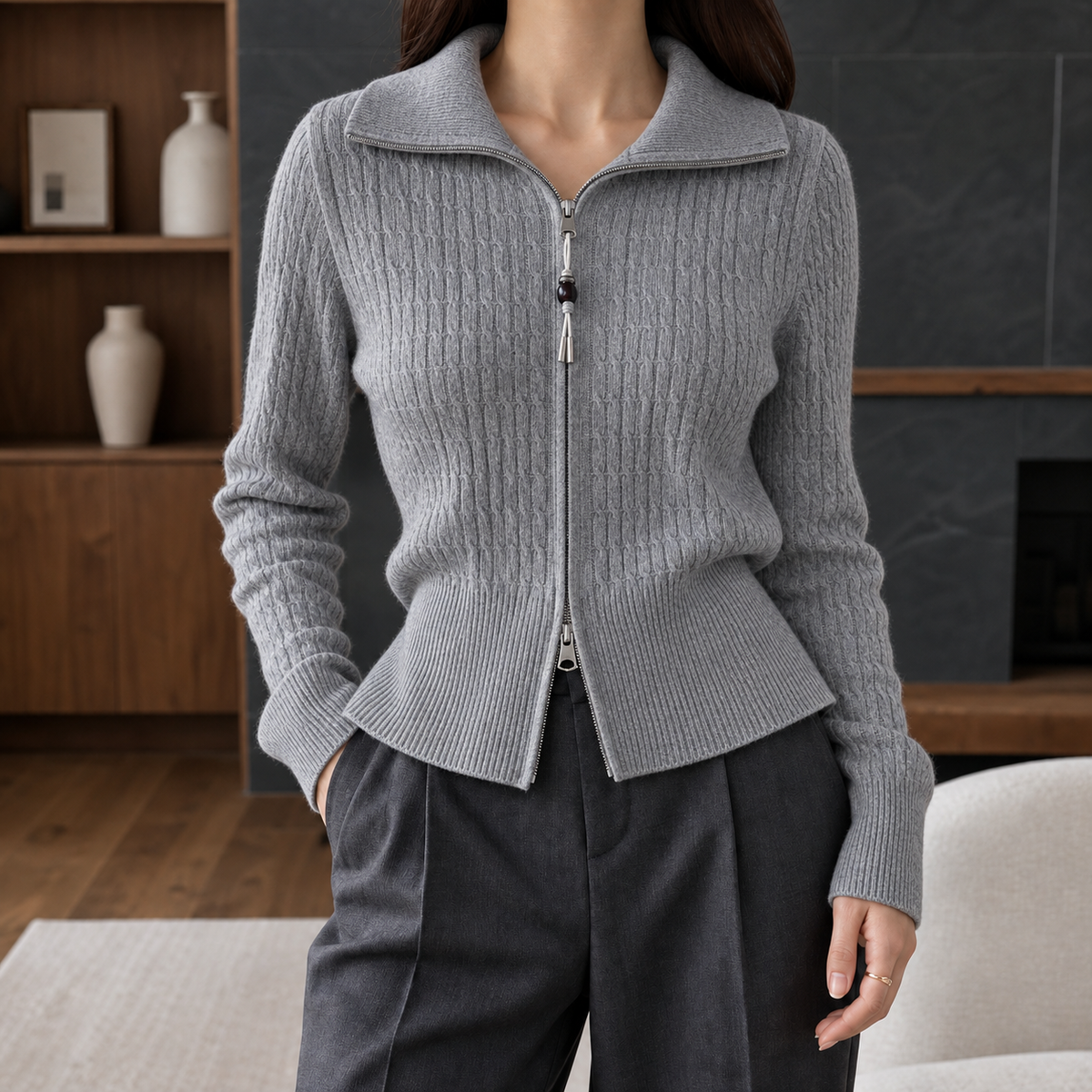 Sadie Cable Knit Cardigan - Gray