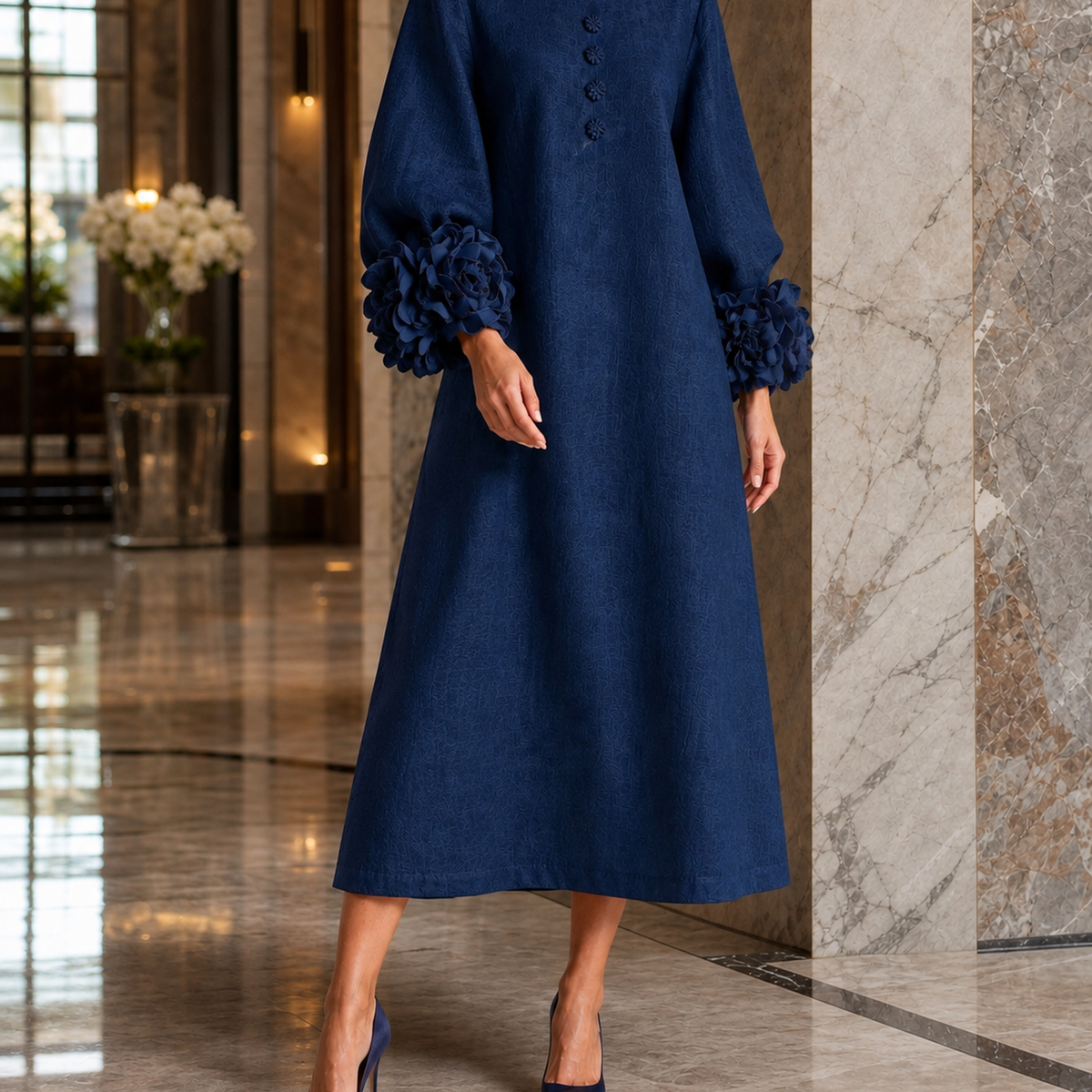 Estella-Eve Floral Cuff Dress - Navy Blue