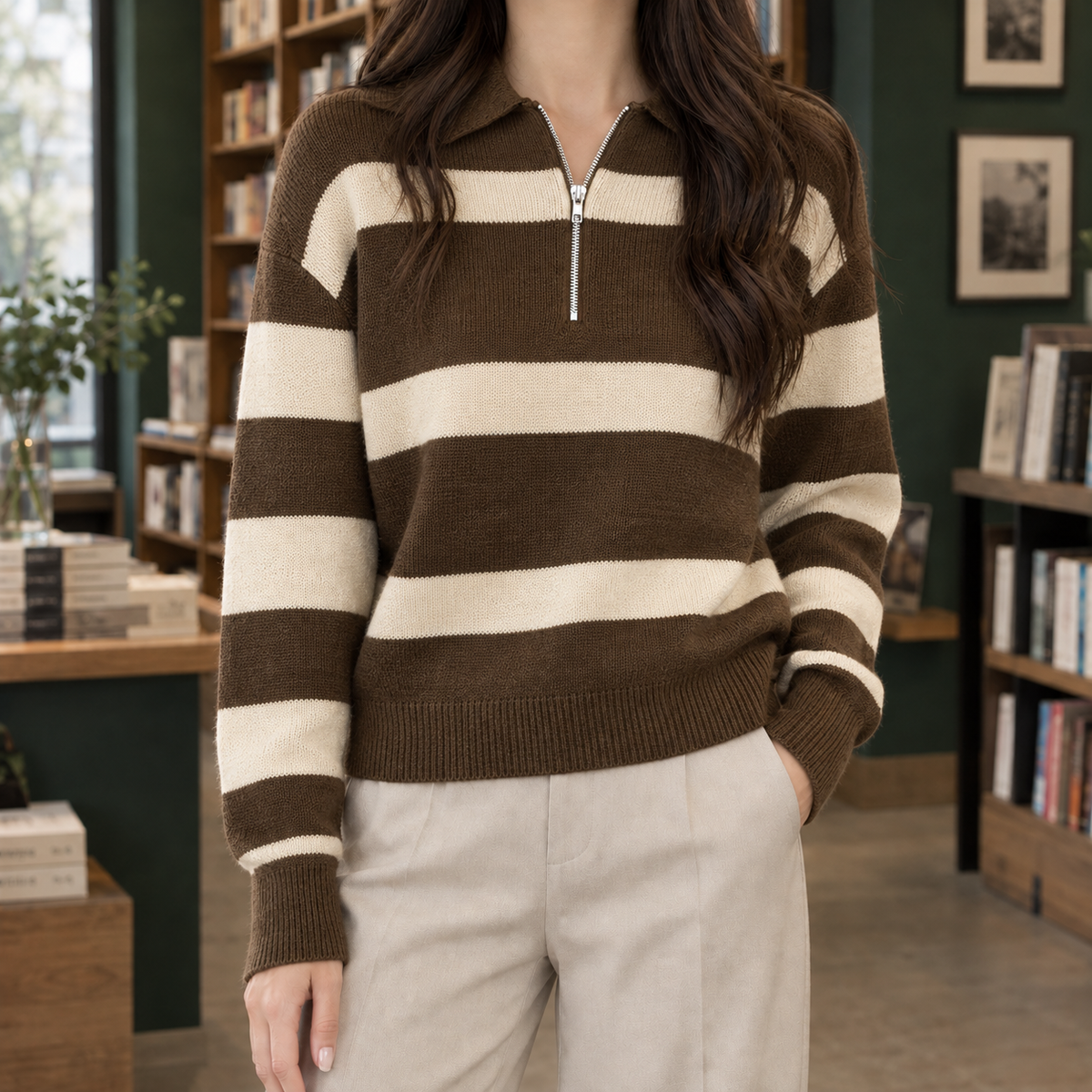 Whitney Zip Collar Sweater - Brown