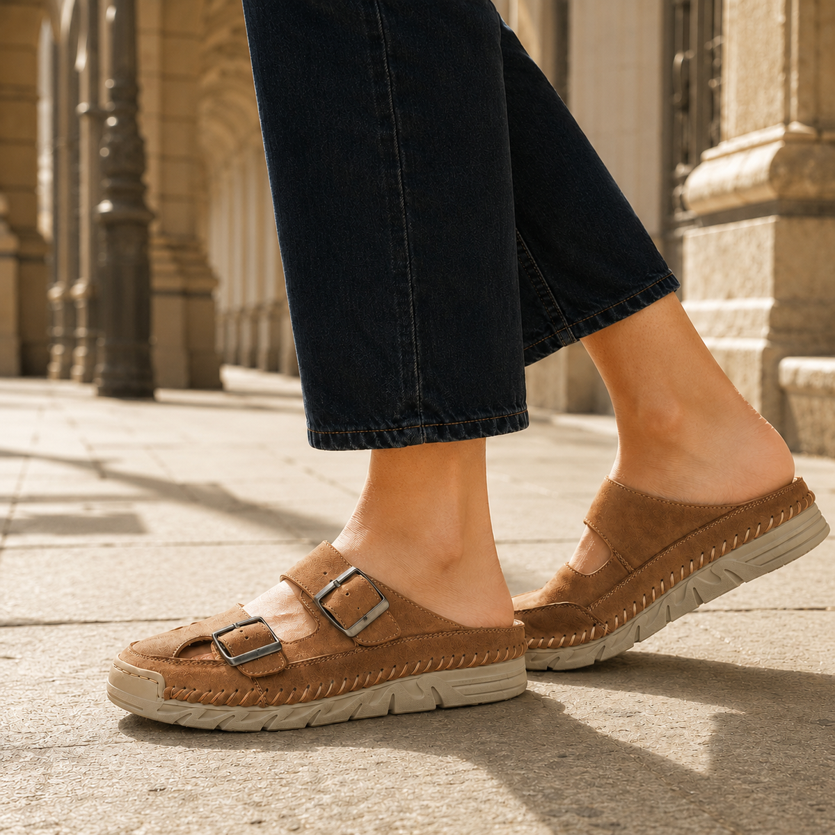 Agnelli Buckled Mule Sandals - Khaki