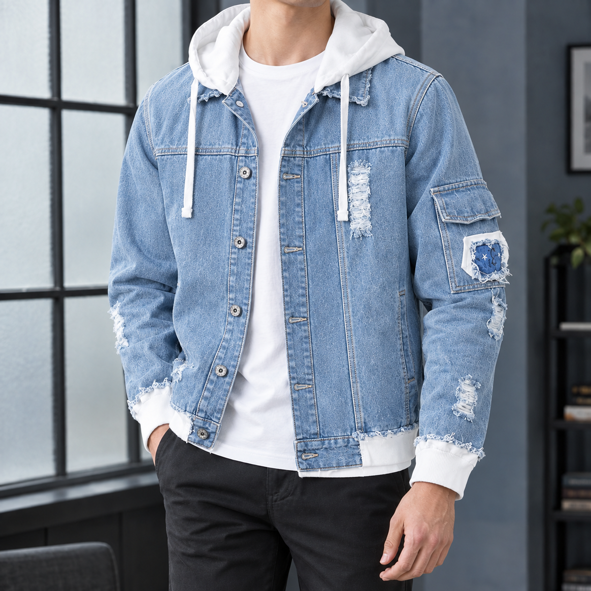 Damien Hooded Denim Jacket - Light Blue