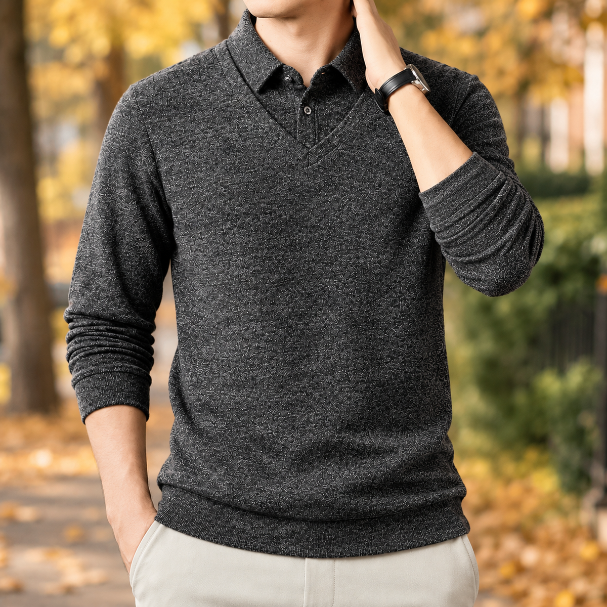 Torin V Neck Polo Sweater - Black-gray