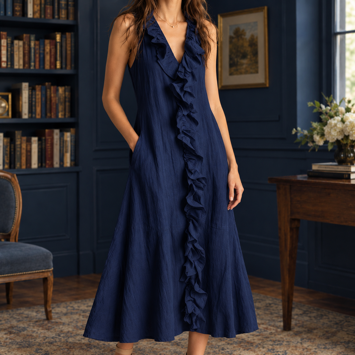 Ghislaine Ruffle Midi Dress - Navy Blue