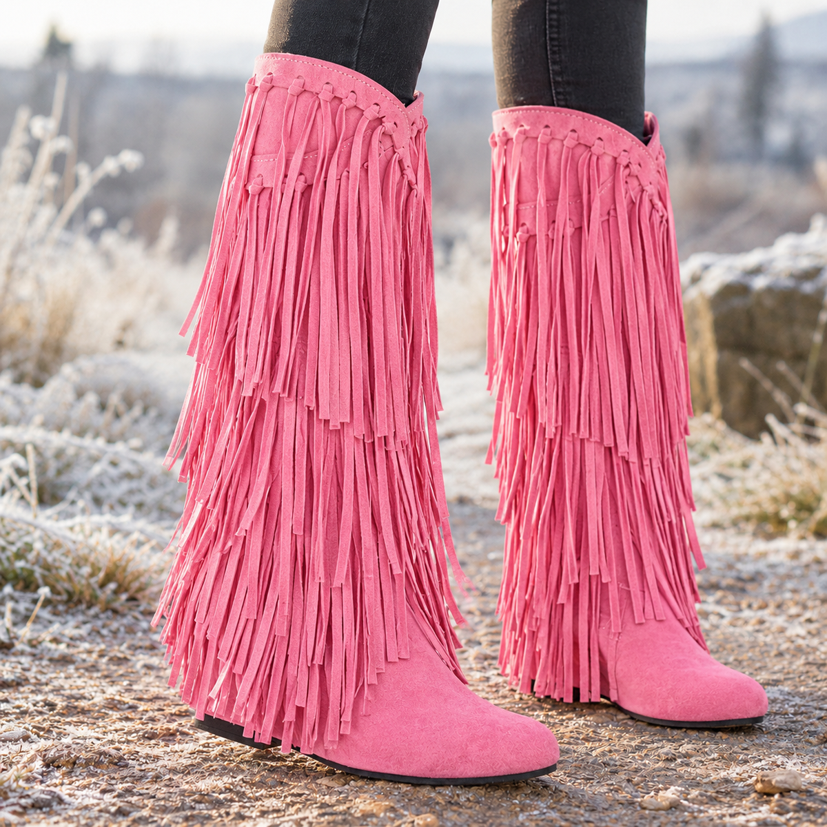 Olivetti Fringe Boots - Pink