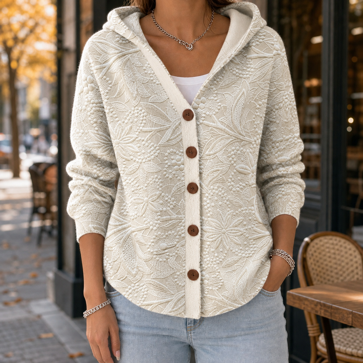 Cora-Rae Printed Hooded Cardigan - Ivory