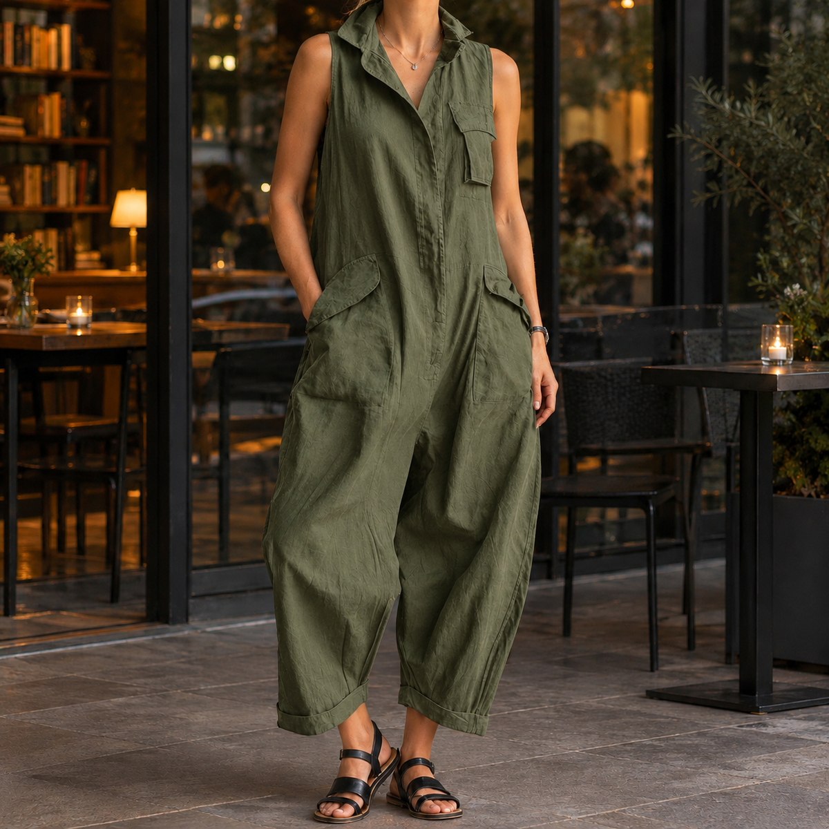 Crystal Wide Leg Jumpsuit - Olive Green
